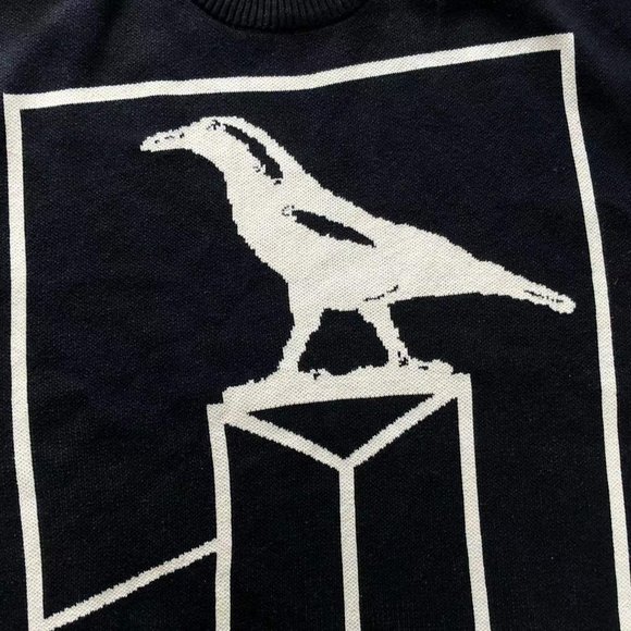 Cavermpt Black Long Sleeve Hoodie White Raven Loose Dropped Shoulders - Picture 8 of 13